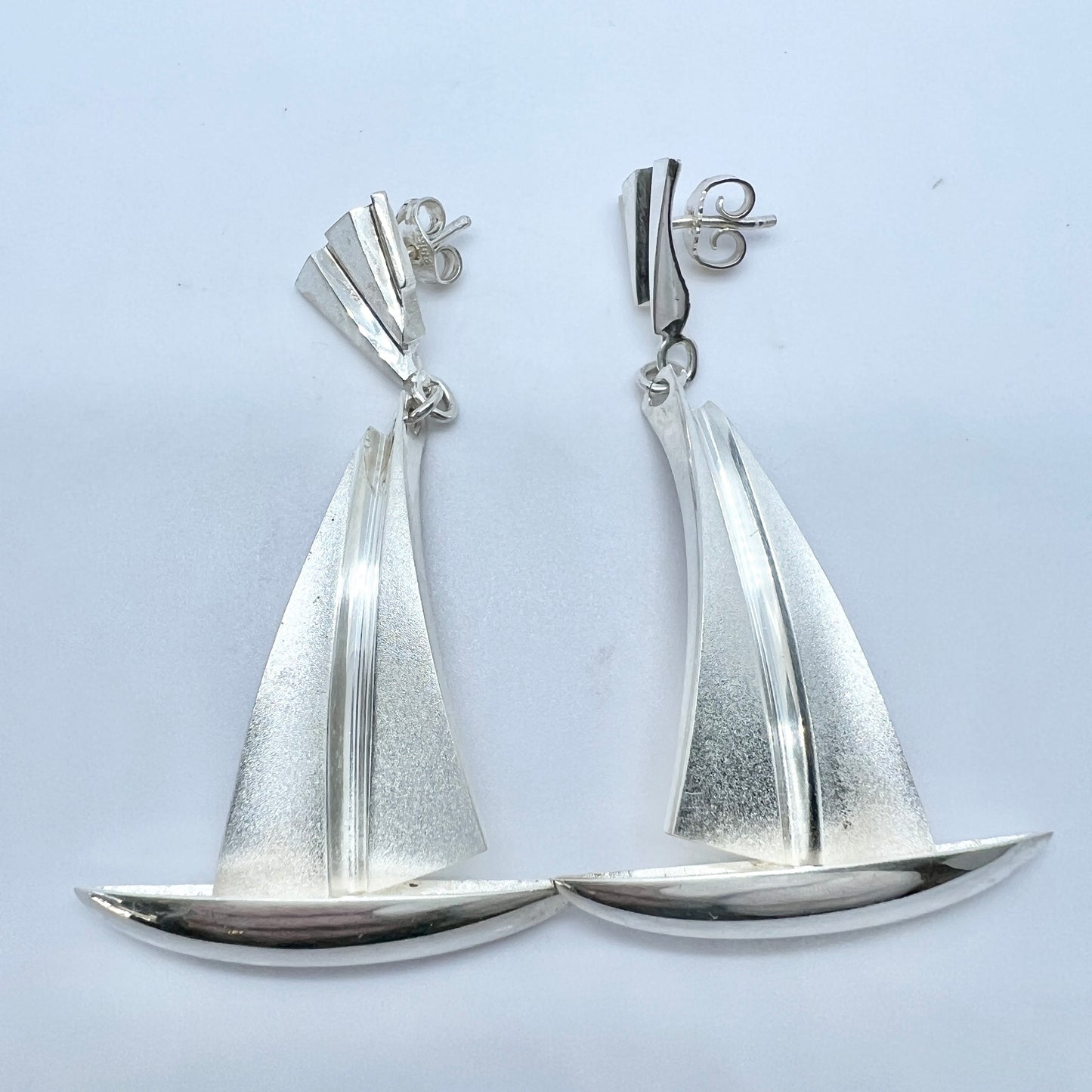 Matti J Hyvärinen, Finland c 1970s. Large Vintage Sterling Silver Sailing Boat Earrings. Signed.