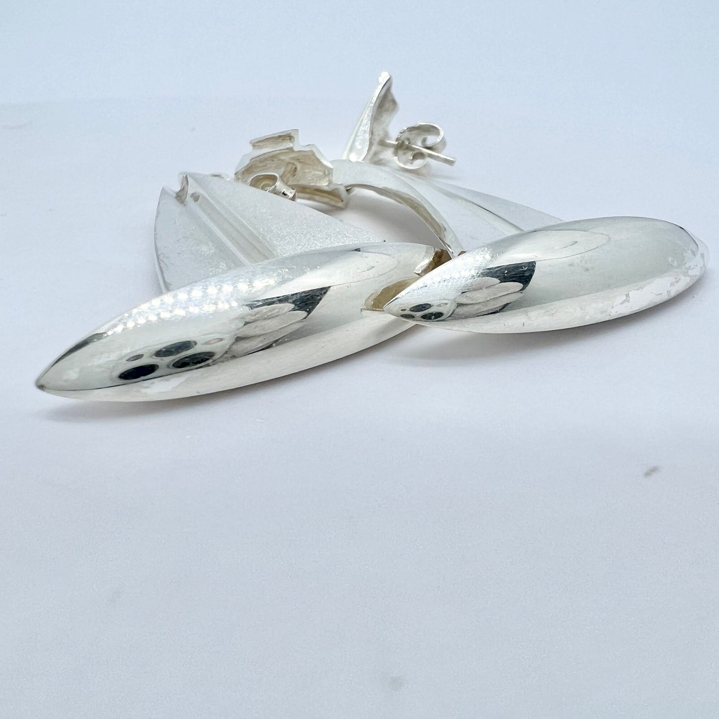 Matti J Hyvärinen, Finland c 1970s. Large Vintage Sterling Silver Sailing Boat Earrings. Signed.