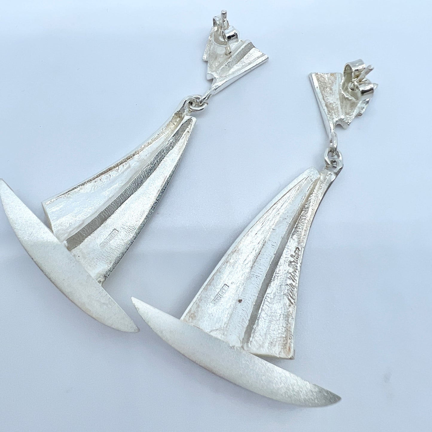 Matti J Hyvärinen, Finland c 1970s. Large Vintage Sterling Silver Sailing Boat Earrings. Signed.