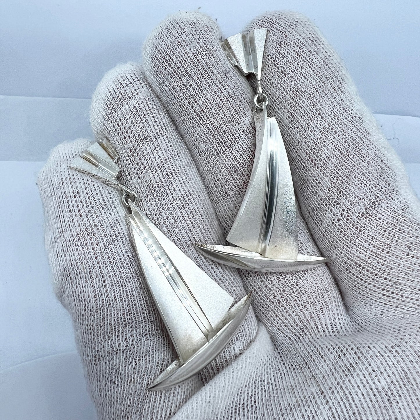 Matti J Hyvärinen, Finland c 1970s. Large Vintage Sterling Silver Sailing Boat Earrings. Signed.