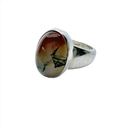 Georg Jensen, Denmark c 1950s. Vintage Sterling Silver Moss Agate Ring.