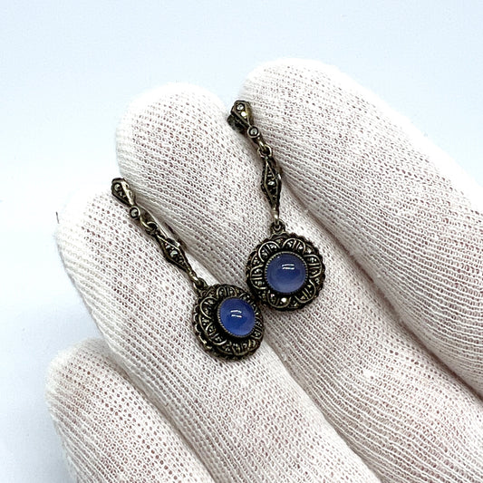 Sweden. Vintage 1940-50s. Solid Silver Marcasite Chalcedony Earrings.