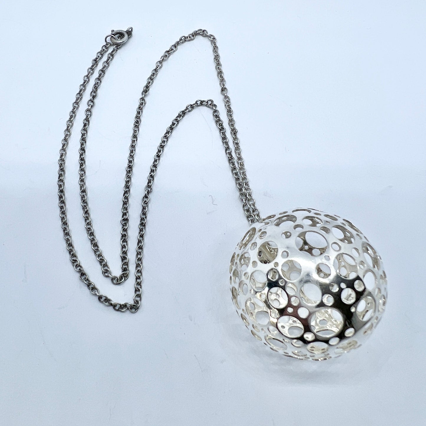 Liisa Vitali for N Westerback, Finland 1976. Large Vintage Sterling Silver Sphere Pendant + Chain.