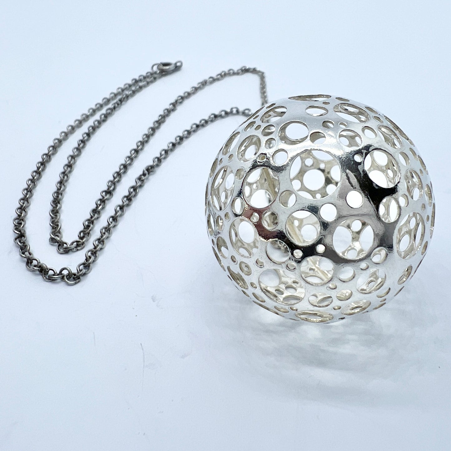 Liisa Vitali for N Westerback, Finland 1976. Large Vintage Sterling Silver Sphere Pendant + Chain.