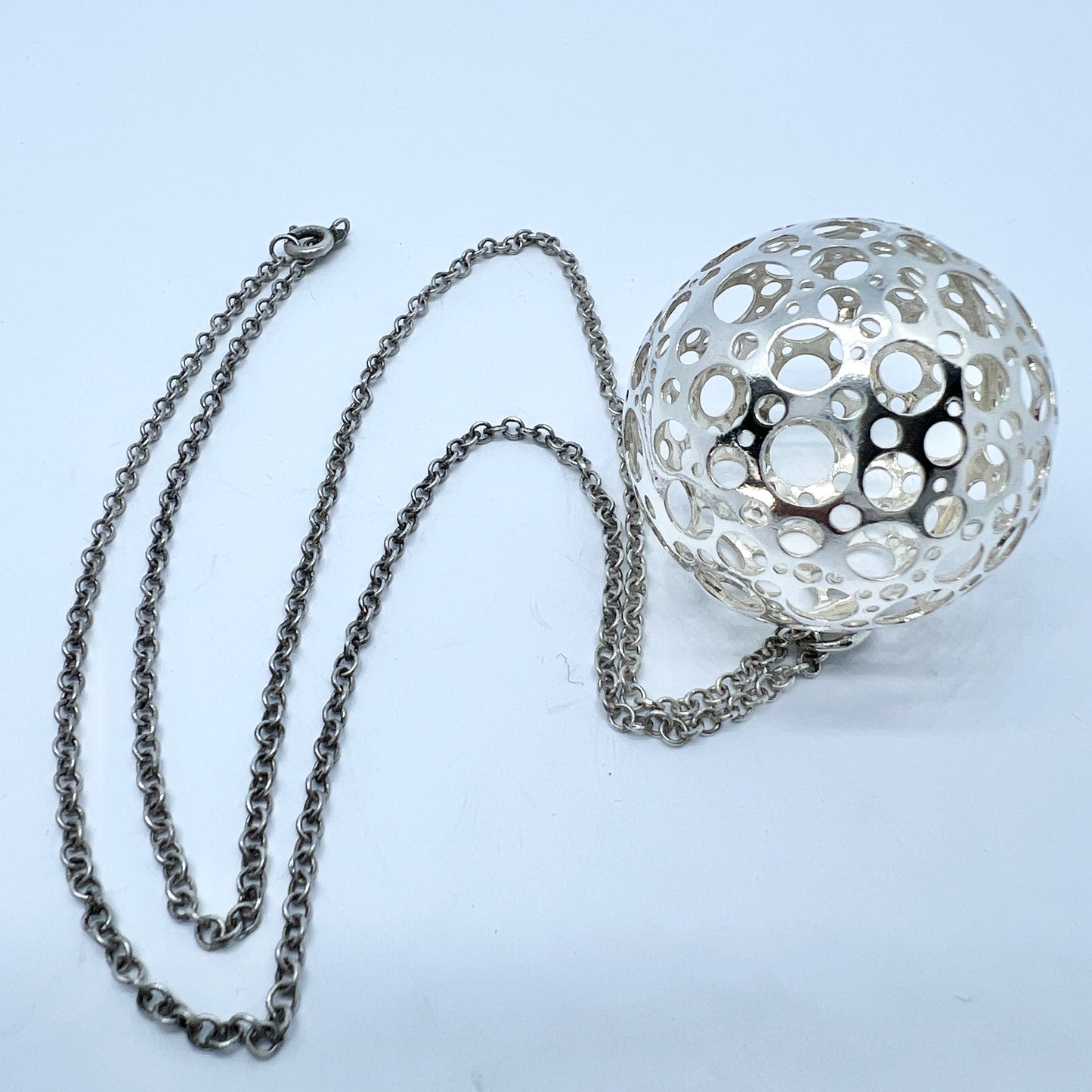 Liisa Vitali for N Westerback, Finland 1976. Large Vintage Sterling Silver Sphere Pendant + Chain.