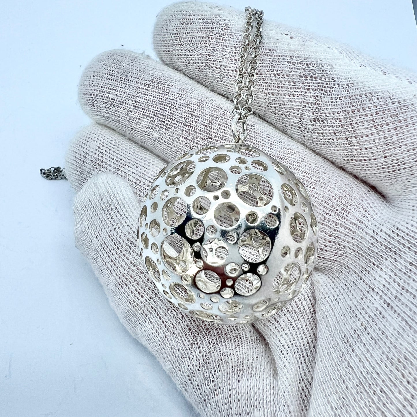 Liisa Vitali for N Westerback, Finland 1976. Large Vintage Sterling Silver Sphere Pendant + Chain.