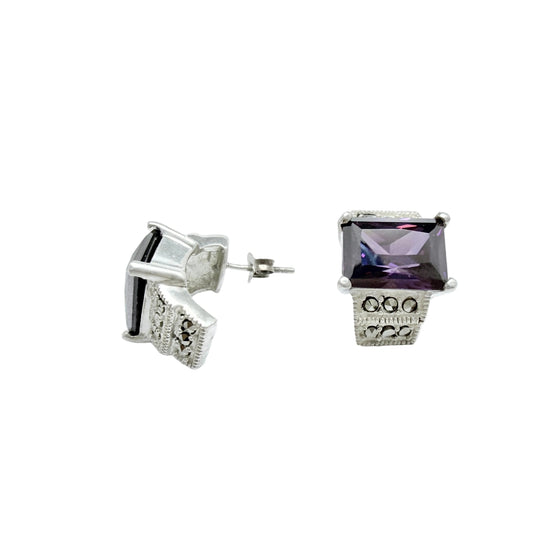 Vintage Sterling Silver Amethyst Marcasite Earrings.