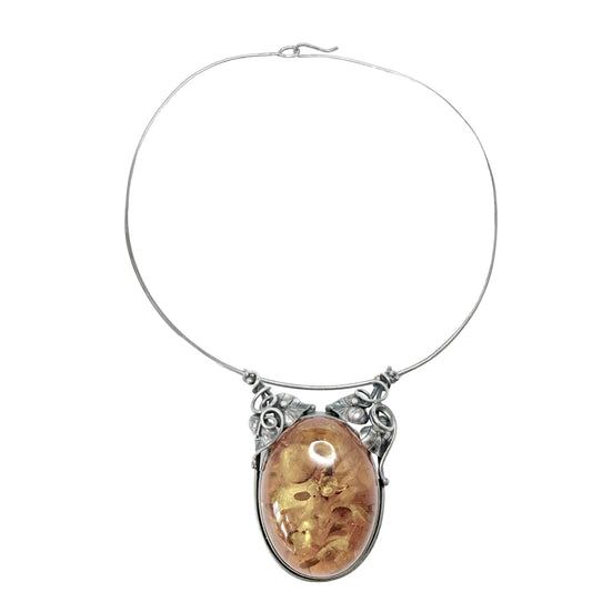 Bold Vintage Sterling Silver Amber Pendant Necklace.