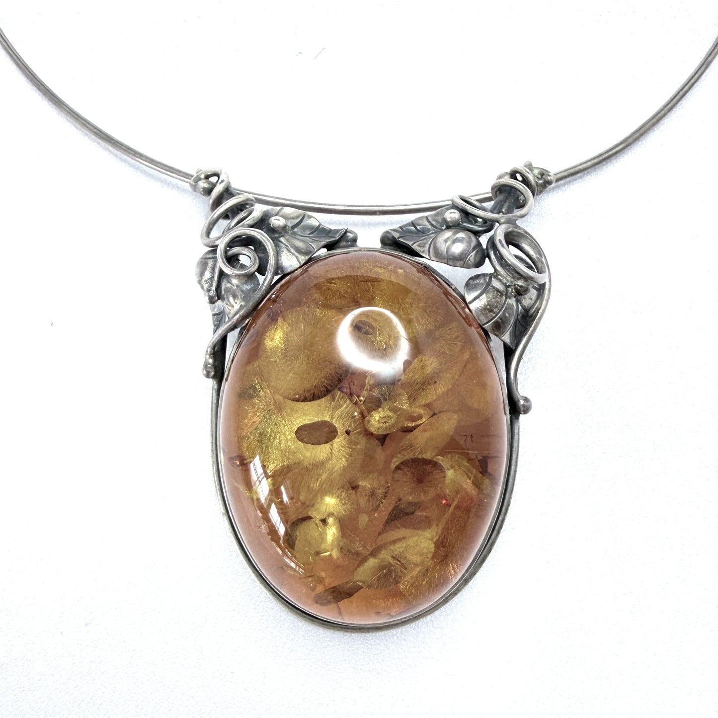Bold Vintage Sterling Silver Amber Pendant Necklace.