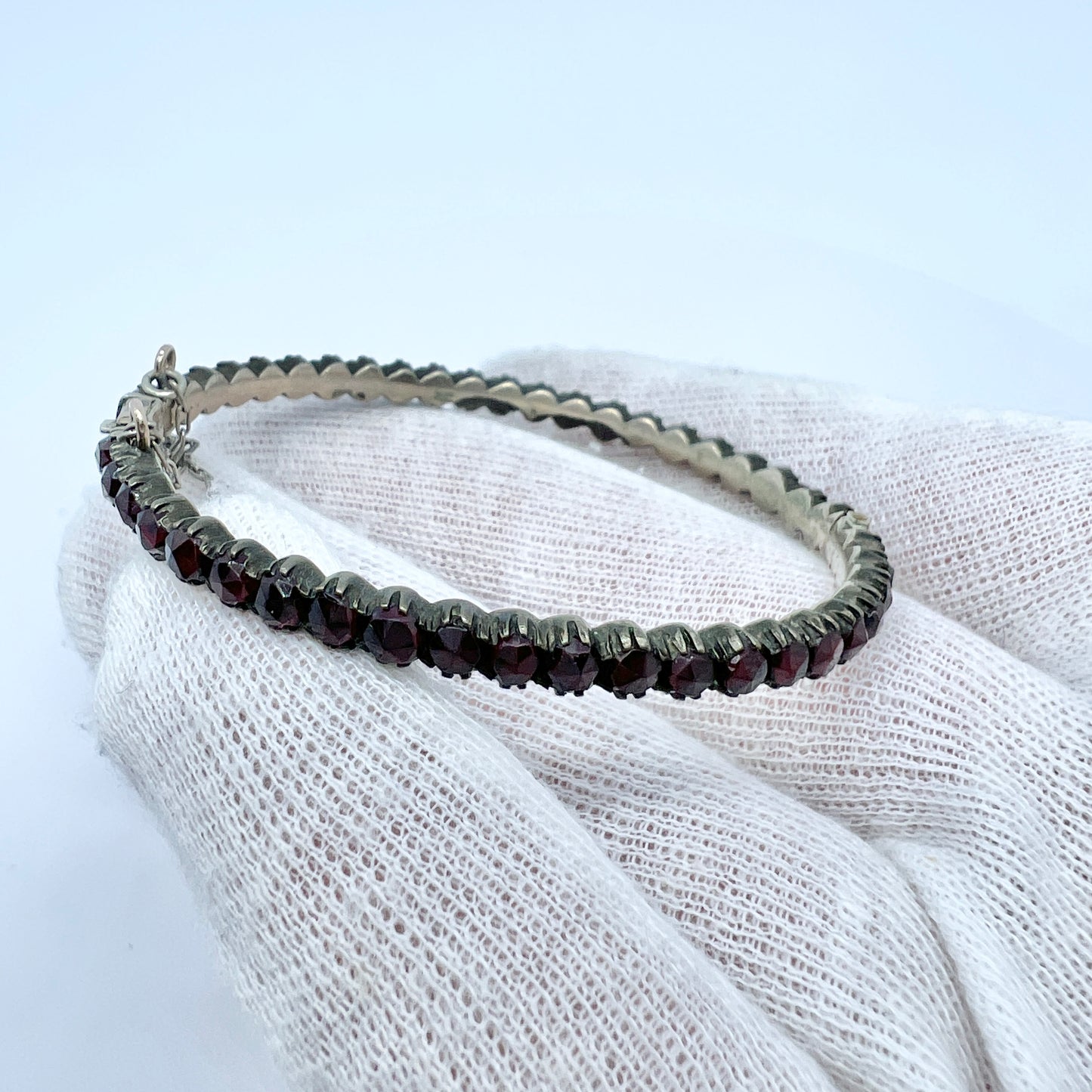 Antique Victorian Bohemian Garnet Metal Hinged Bangle Bracelet.