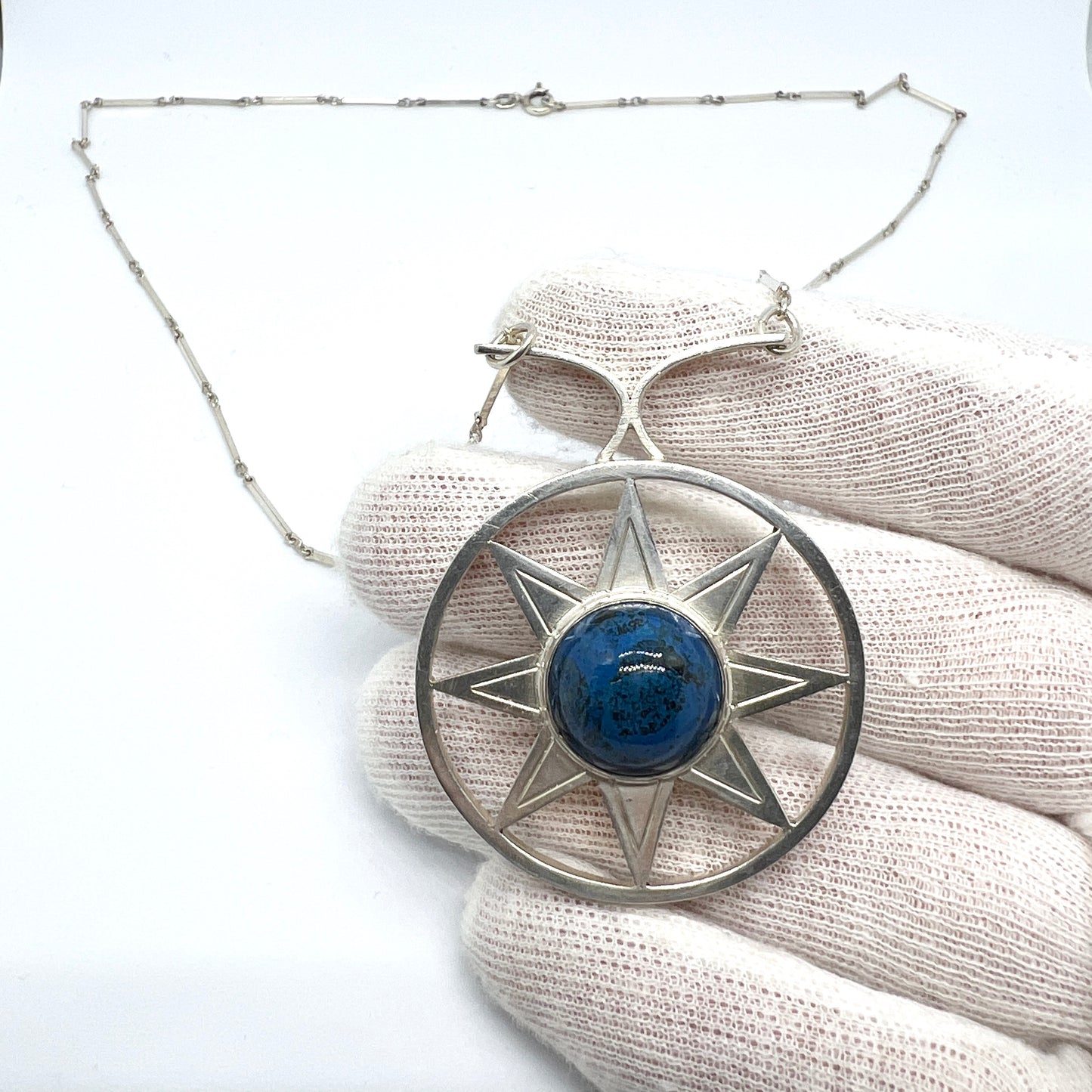 Lennart Haglund, Stockholm 1961. Vintage Sterling Silver Blue Hardstone Pendant Necklace. Signed