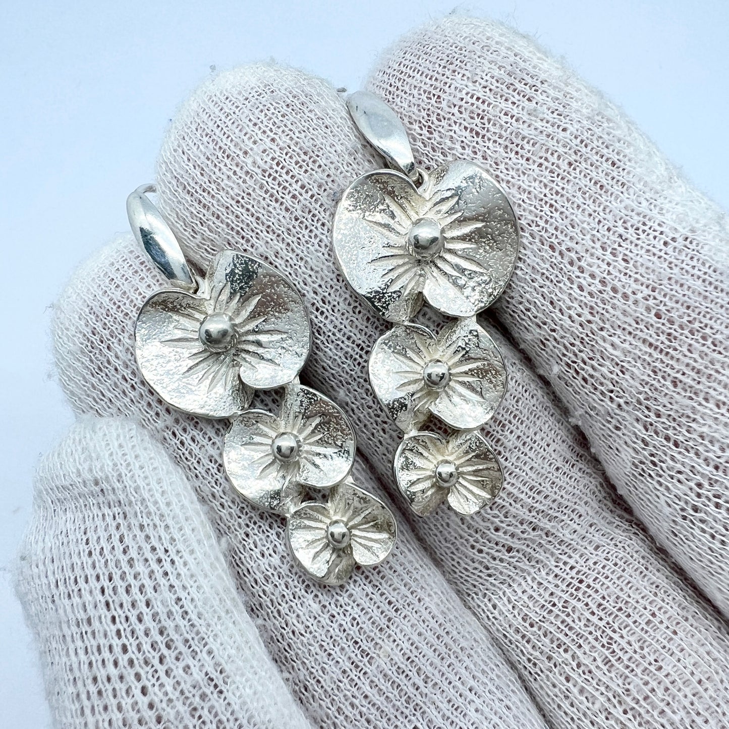 Theresia Hvorslev for MEMA, Sweden 1976. Vintage Sterling Silver Earrings. Design: Apple Blossom. Signed