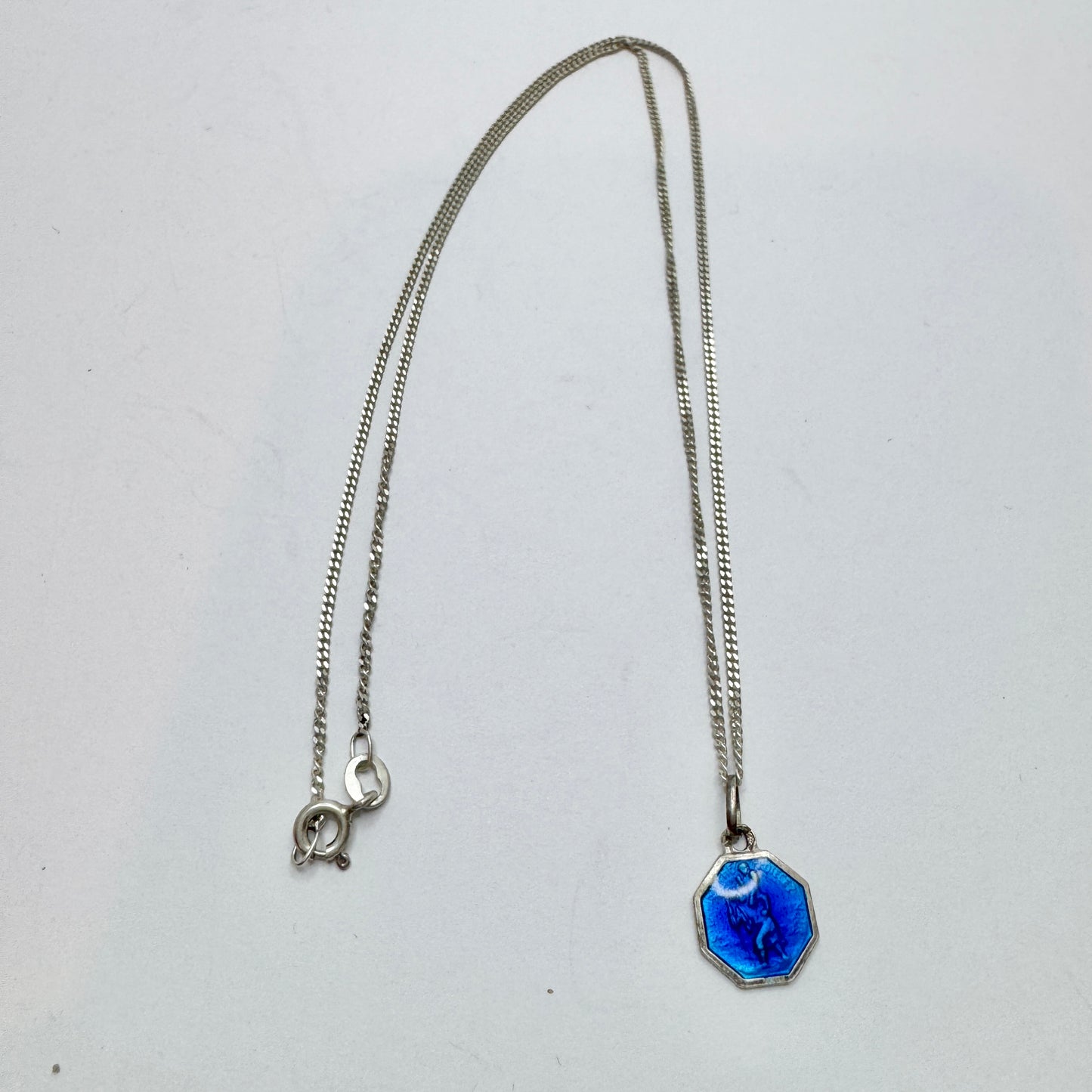 France. Vintage Enamel Solid Silver St Christopher Pendant Necklace.