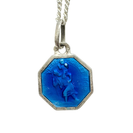France. Vintage Enamel Solid Silver St Christopher Pendant Necklace.