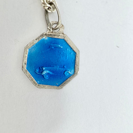 France. Vintage Enamel Solid Silver St Christopher Pendant Necklace.