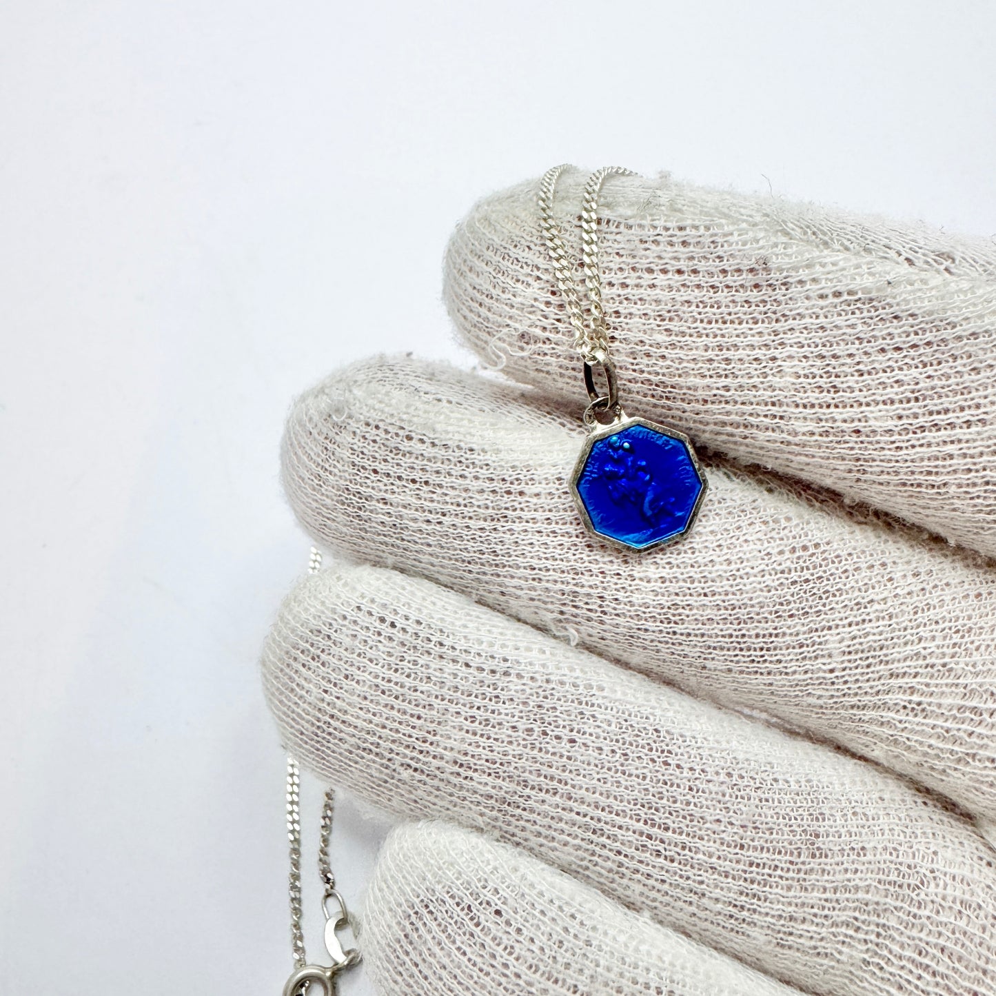 France. Vintage Enamel Solid Silver St Christopher Pendant Necklace.