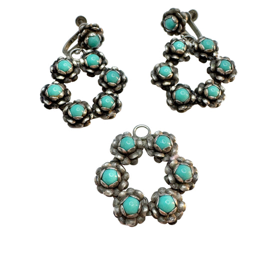 Mexico ca 1940. Vintage Sterling Silver Turquoise Earrings + Pendant.