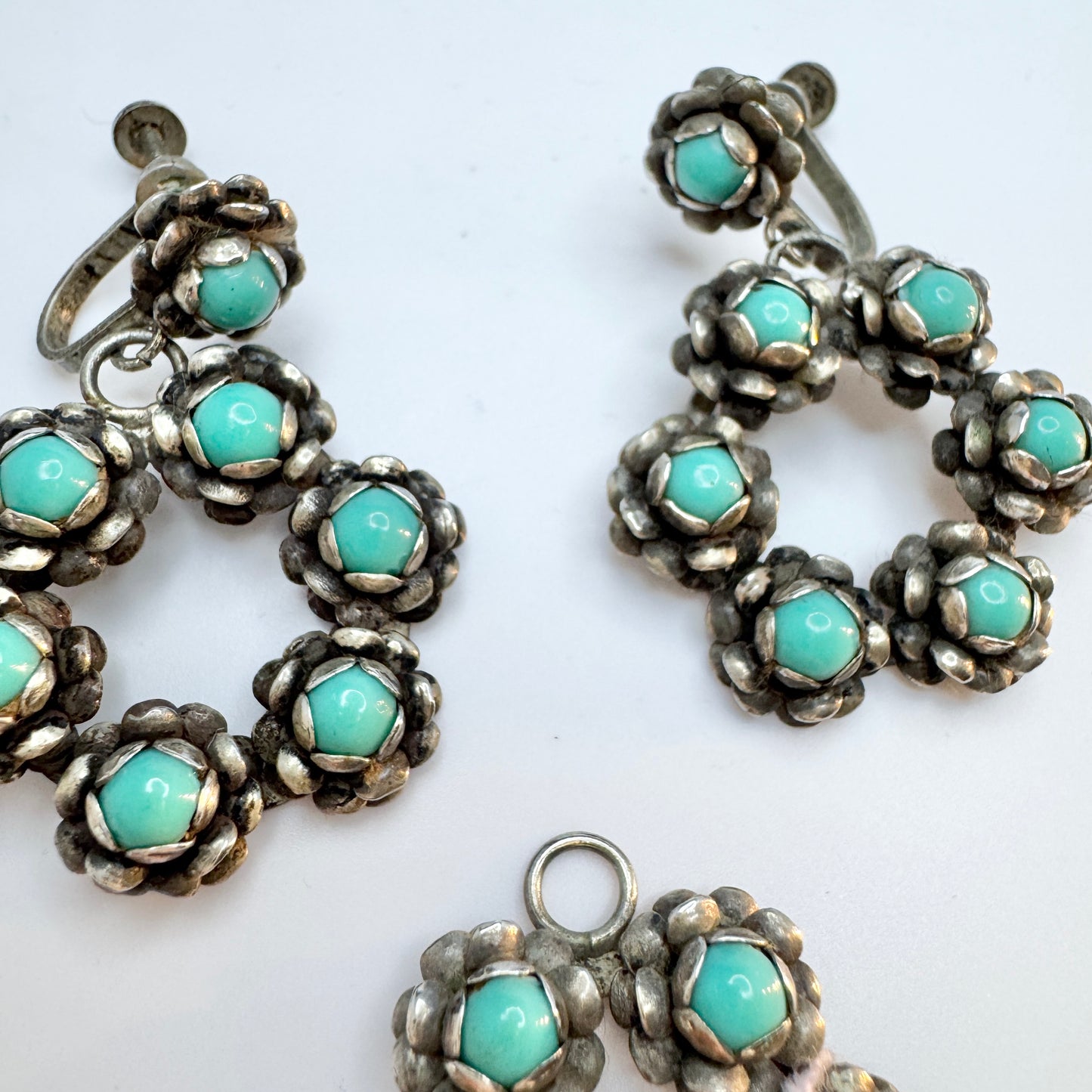 Mexico ca 1940. Vintage Sterling Silver Turquoise Earrings + Pendant.