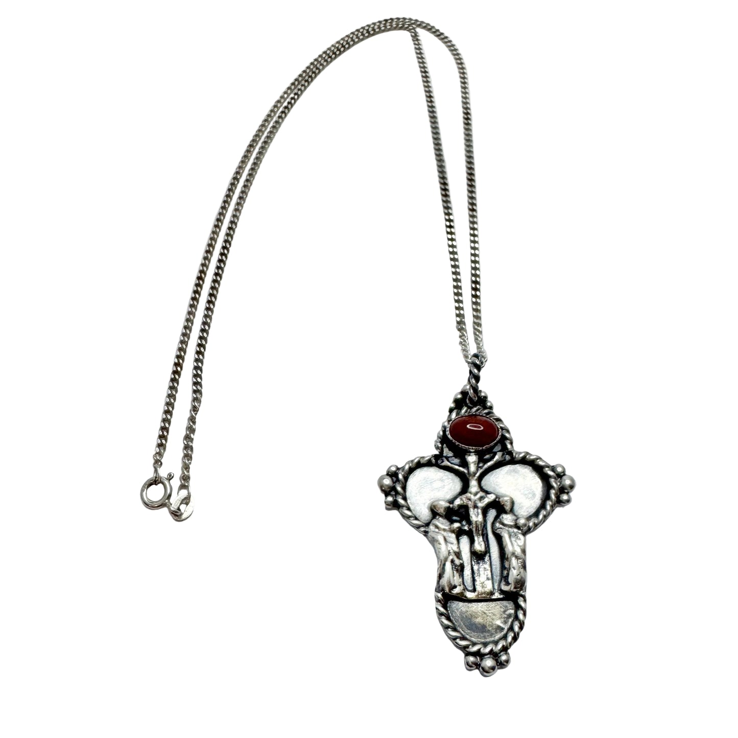 Denmark. Vintage Solid Silver Carnelian Crucifix Pendant Necklace.