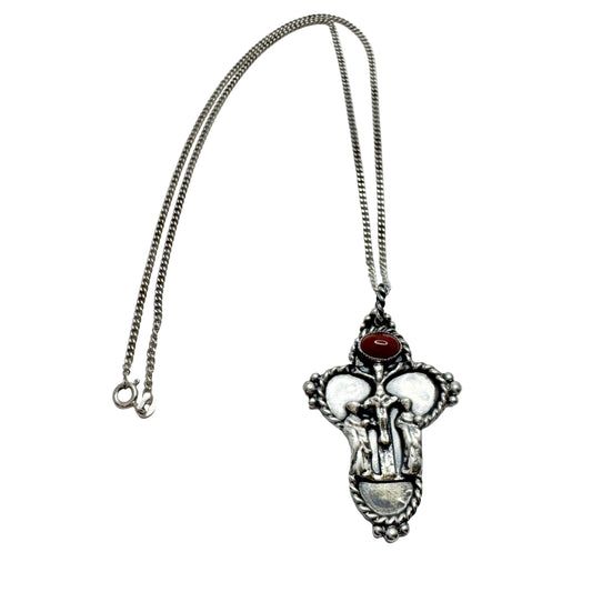 Denmark. Vintage Solid Silver Carnelian Crucifix Pendant Necklace.