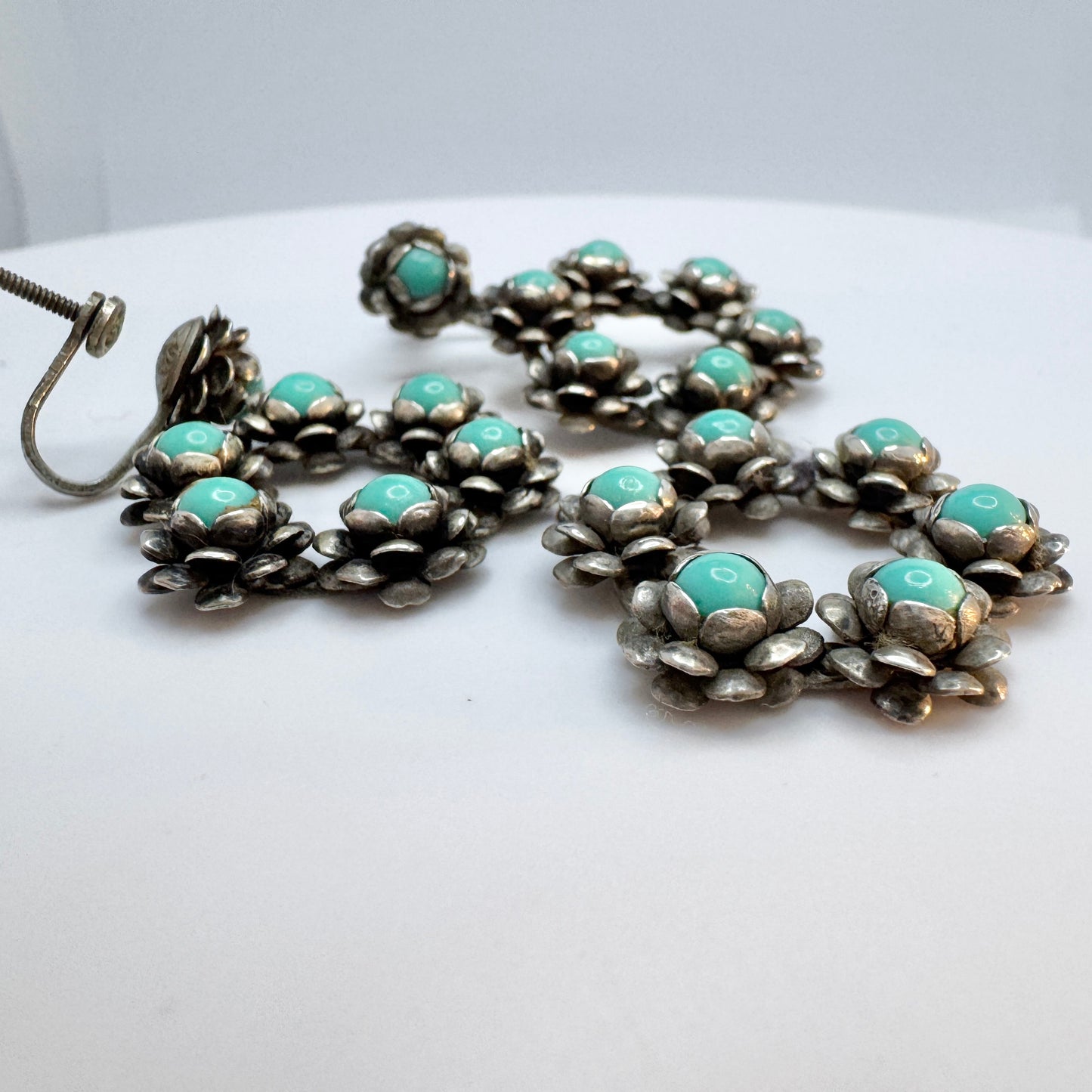 Mexico ca 1940. Vintage Sterling Silver Turquoise Earrings + Pendant.