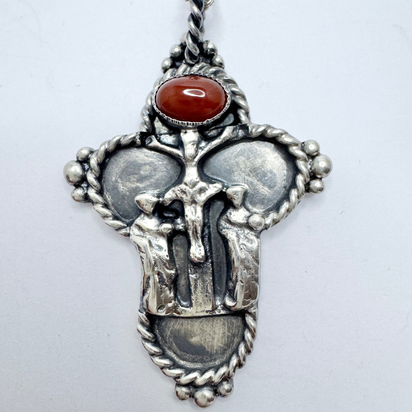 Denmark. Vintage Solid Silver Carnelian Crucifix Pendant Necklace.