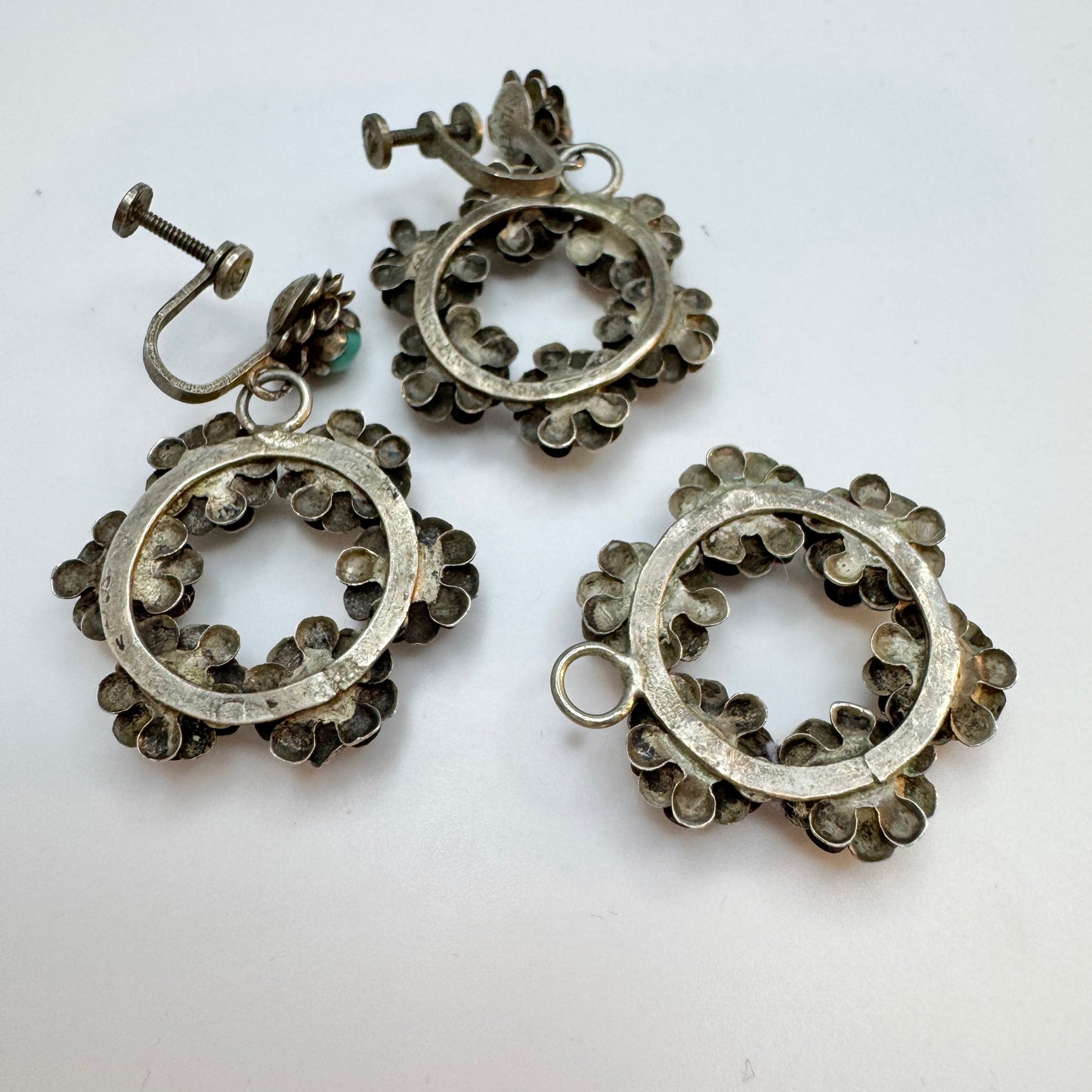 Mexico ca 1940. Vintage Sterling Silver Turquoise Earrings + Pendant.