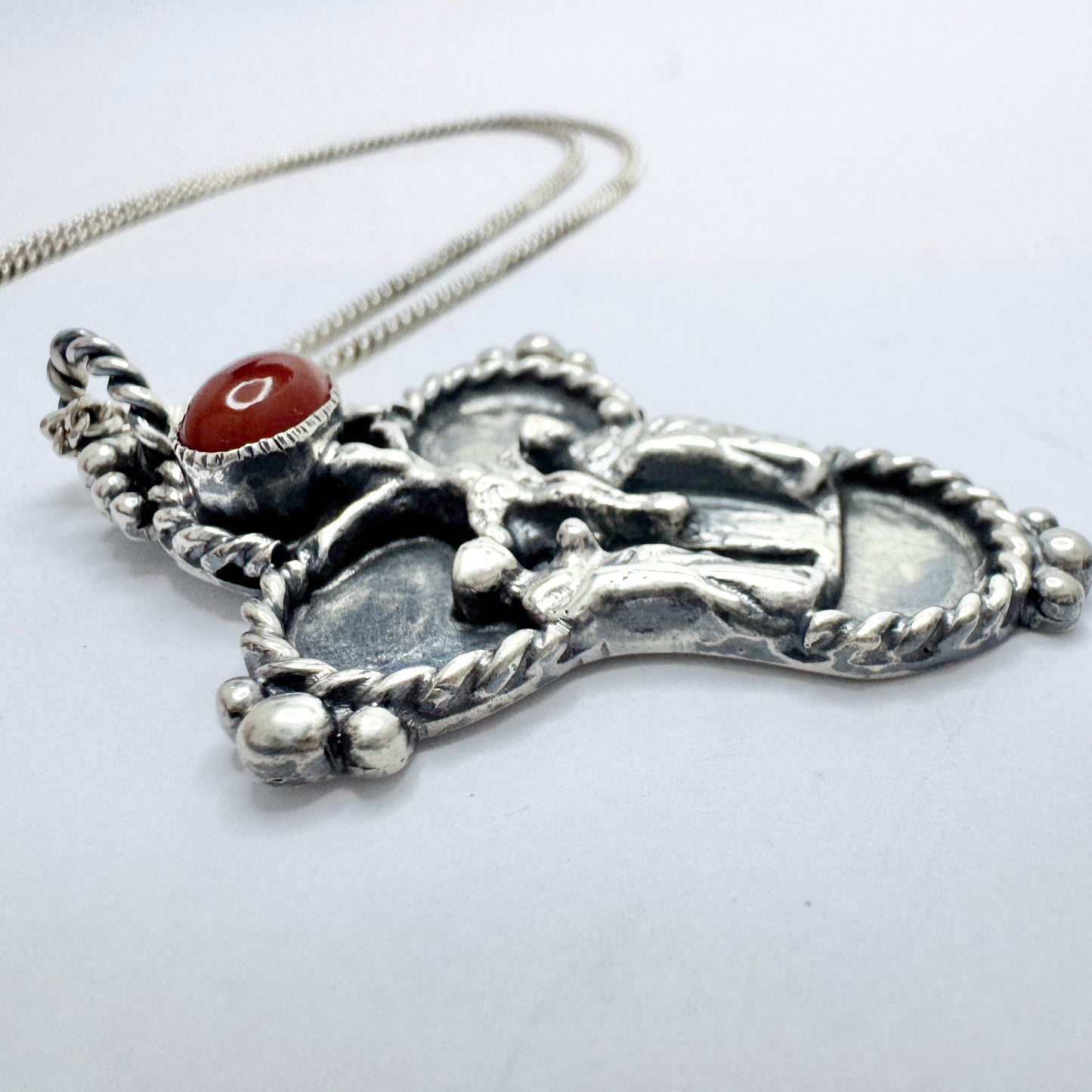 Denmark. Vintage Solid Silver Carnelian Crucifix Pendant Necklace.
