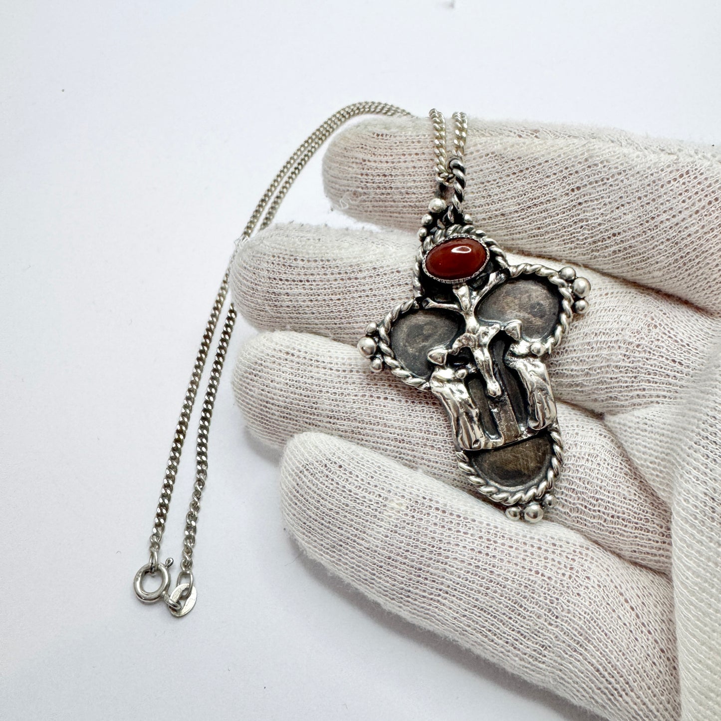 Denmark. Vintage Solid Silver Carnelian Crucifix Pendant Necklace.