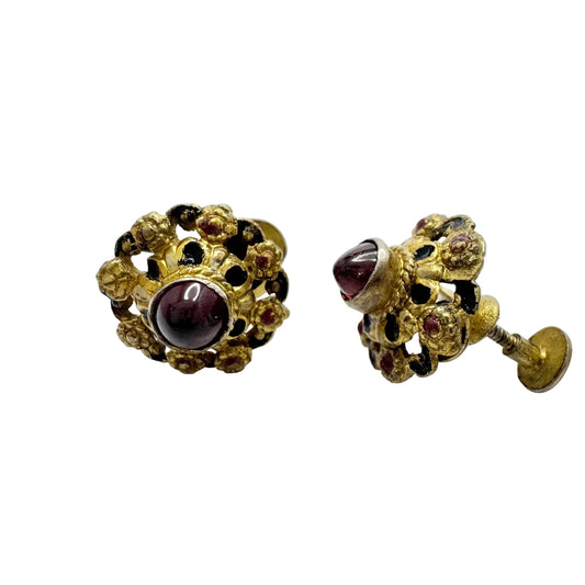 Vintage 1930-40s. Gilt Solid Silver Garnet Enamel Earrings.