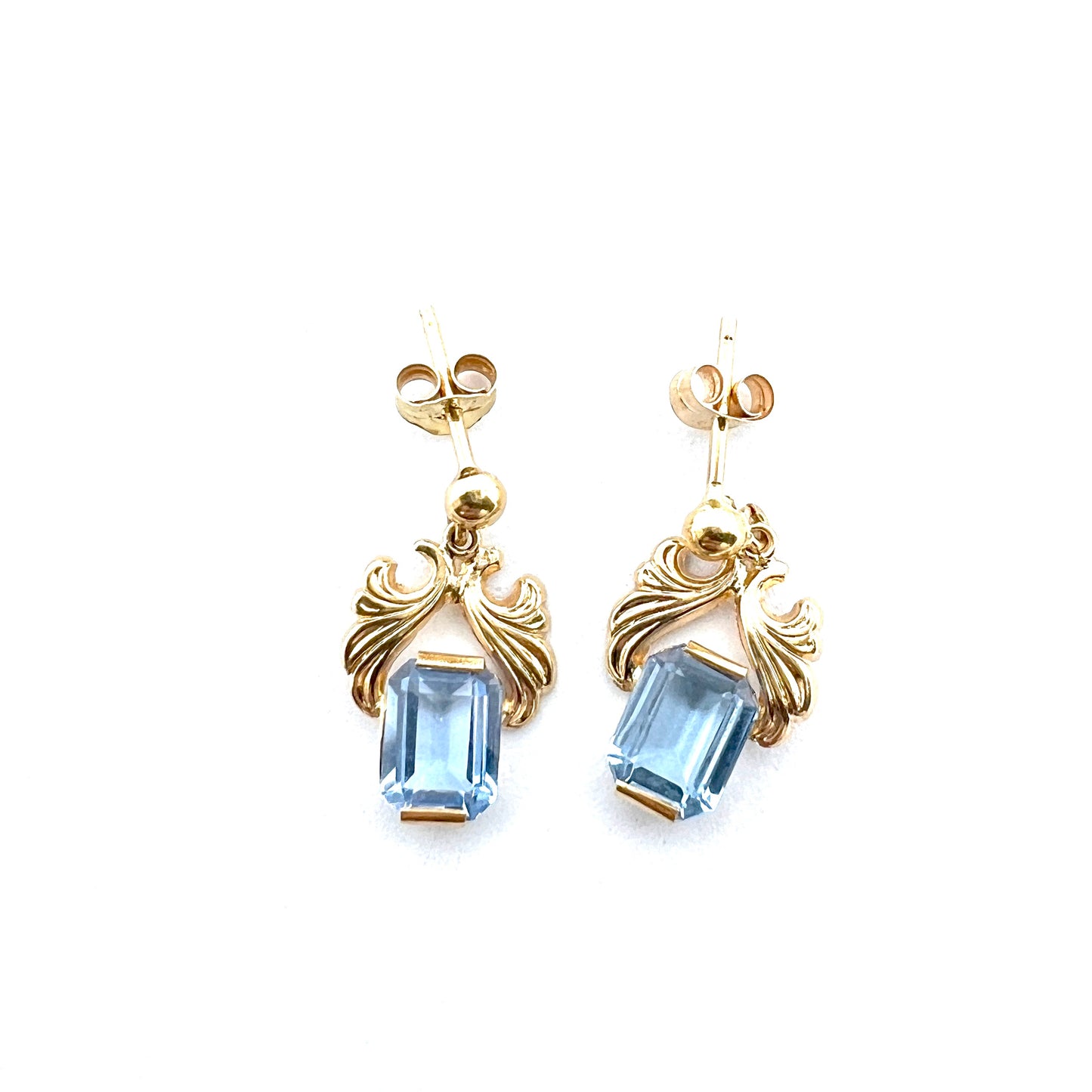 Sweden c 1950s. Vintage 18k Gold Ice Blue Synthetic Spinel Earrings.