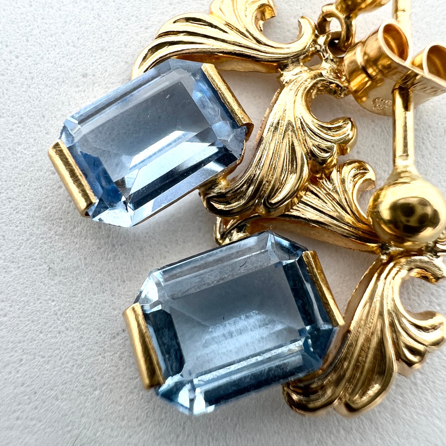 Sweden c 1950s. Vintage 18k Gold Ice Blue Synthetic Spinel Earrings.