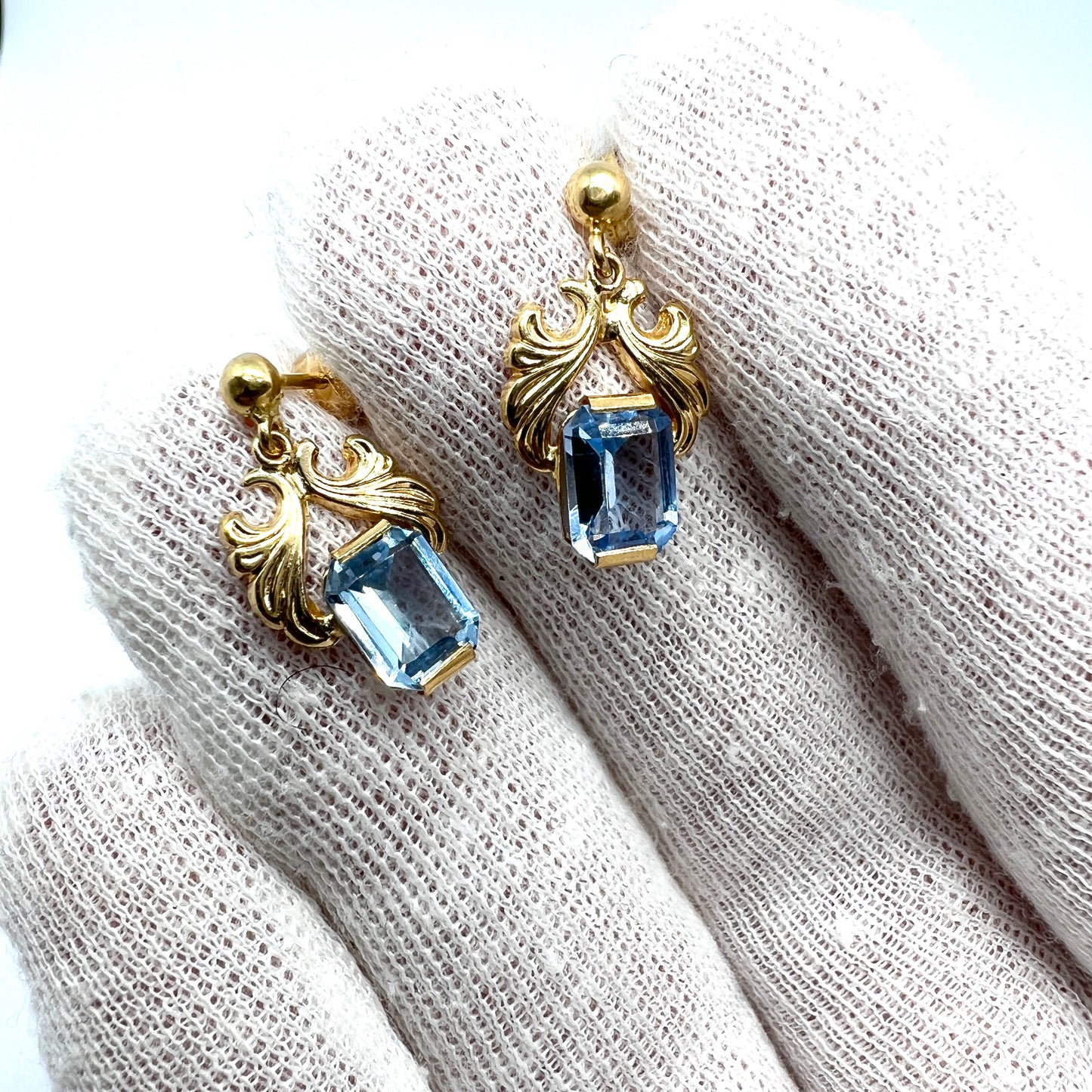 Sweden c 1950s. Vintage 18k Gold Ice Blue Synthetic Spinel Earrings.