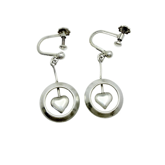 Denmark 1940-50s. Solid Silver Heart Pendant Earrings.