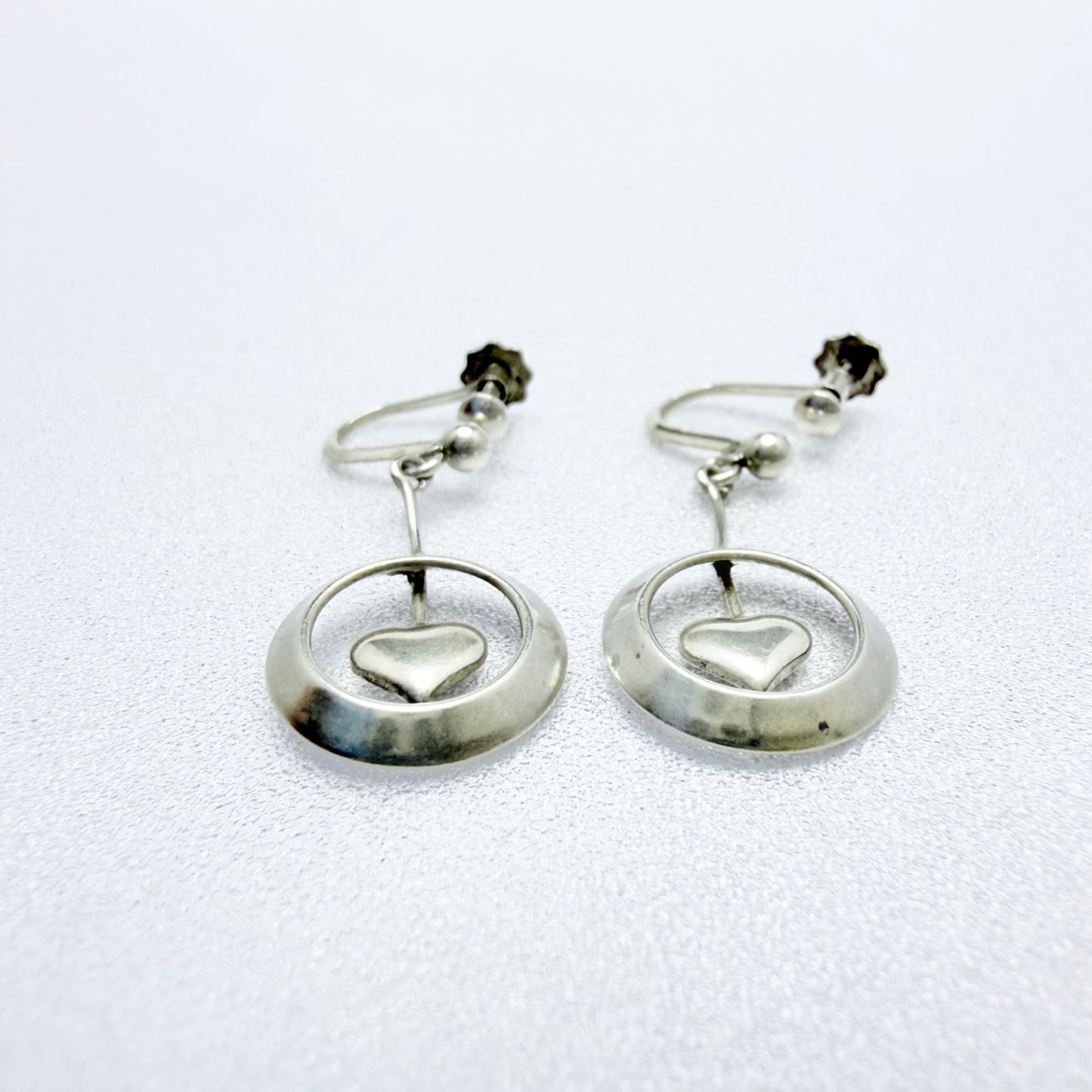 Denmark 1940-50s. Solid Silver Heart Pendant Earrings.