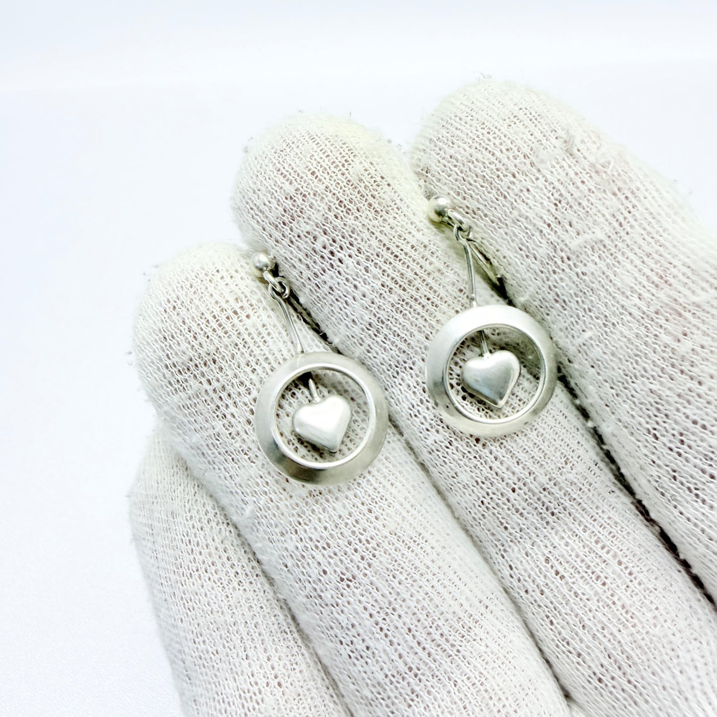 Denmark 1940-50s. Solid Silver Heart Pendant Earrings.