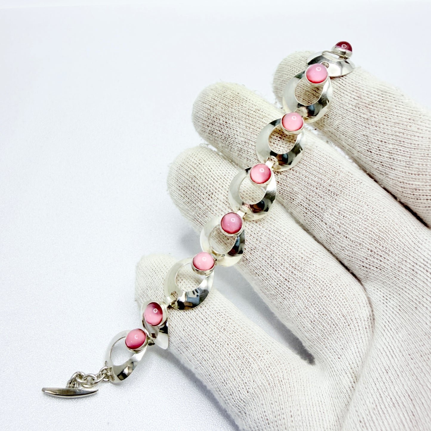 Herman Siersbøl, Denmark 1960s Sterling Silver Pink Paste Stone Bracelet