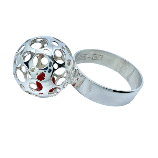 Liisa Vitali for N Westerback, Finland 1973 Vintage Sterling Silver Trapped Carnelian Sphere Ring