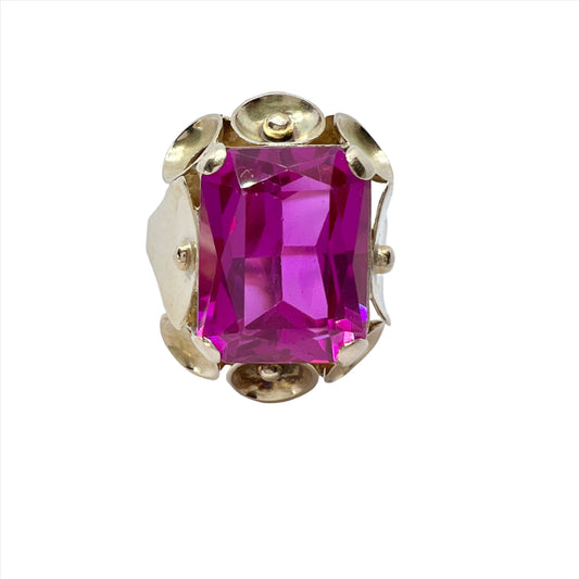 Eastern Europe 1950-60s. Vintage 14k Gold Synthetic Pink Sapphire Cocktail Ring.