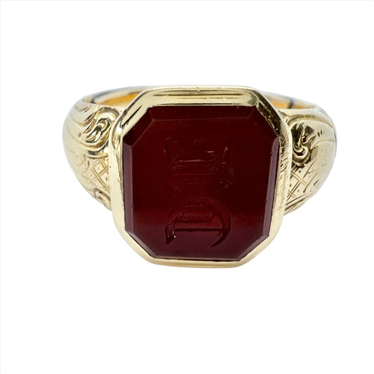 Sweden year 1860. Antique Victorian 18k Gold Carnelian Signet Ring.