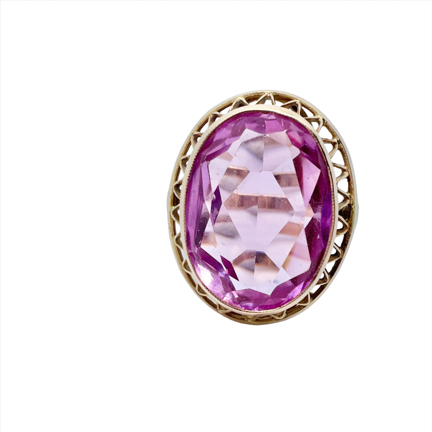 Krakow, Poland 1960-70s. Bold Vintage 14k Gold Synthetic Pink Sapphire Ring.