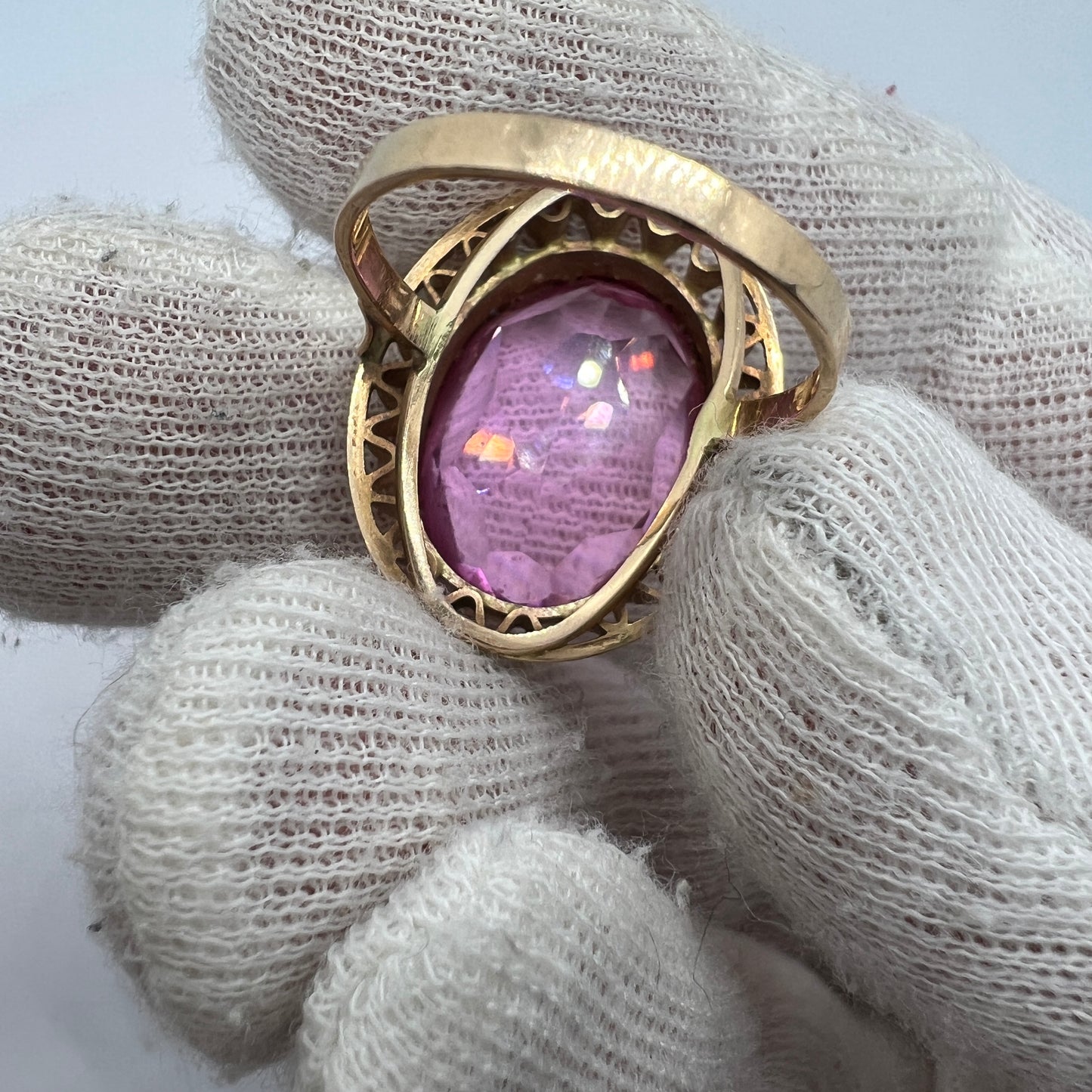 Krakow, Poland 1960-70s. Bold Vintage 14k Gold Synthetic Pink Sapphire Ring.