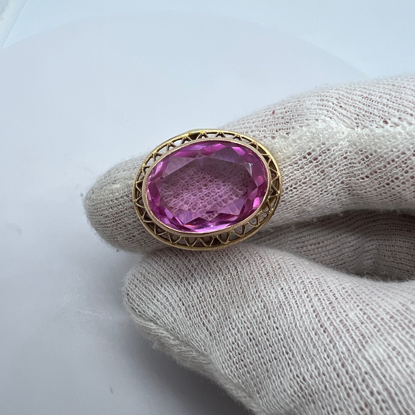 Krakow, Poland 1960-70s. Bold Vintage 14k Gold Synthetic Pink Sapphire Ring.