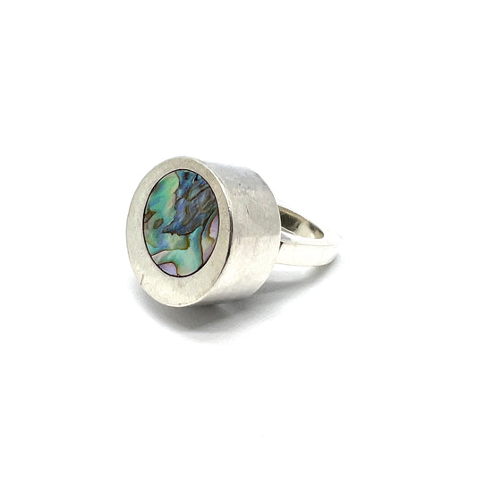 Denmark. Vintage c 1960s Chunky Modernist Sterling Silver Abalone Ring.