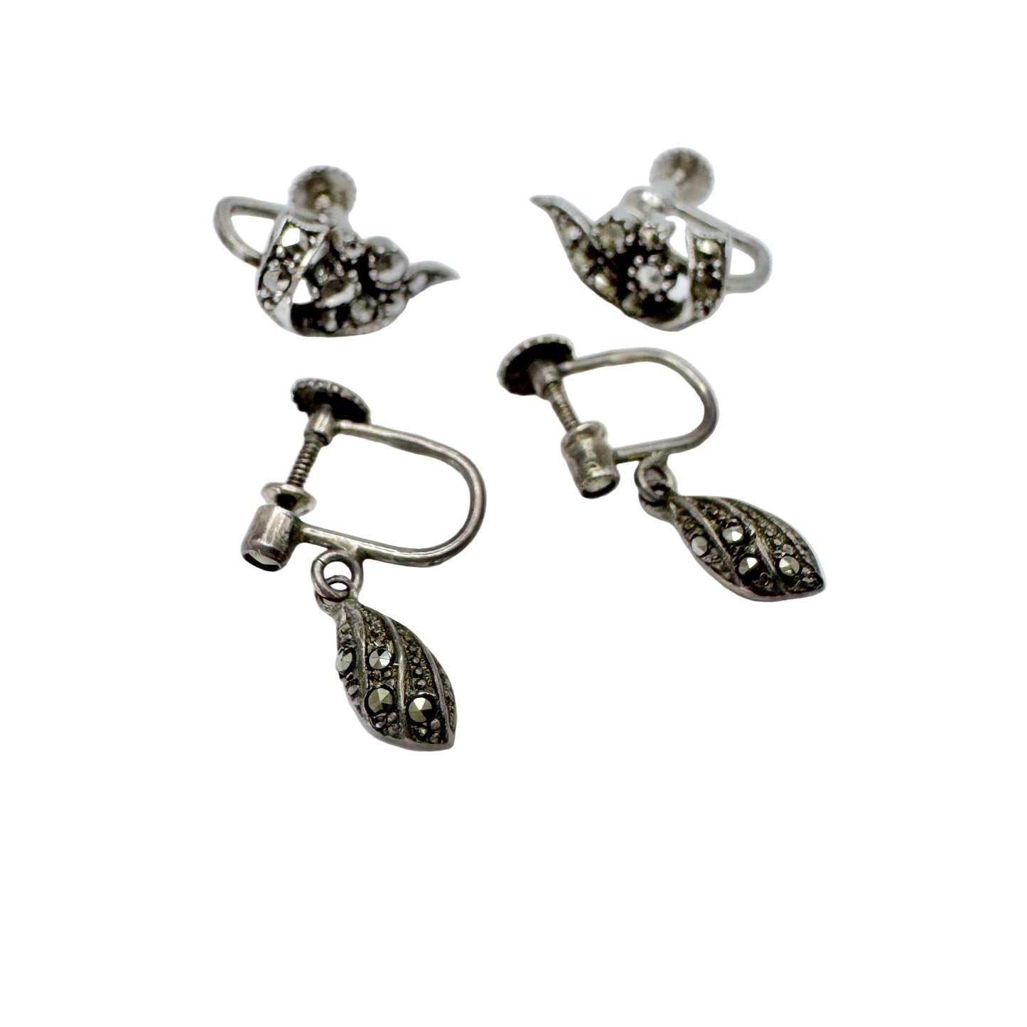 Sweden 1940s. Two Pair of Solid Silver Marcasite Earrings.