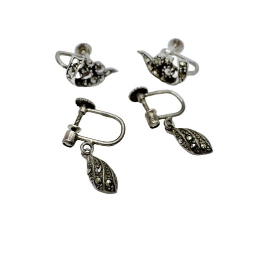 Sweden 1940s. Two Pair of Solid Silver Marcasite Earrings.