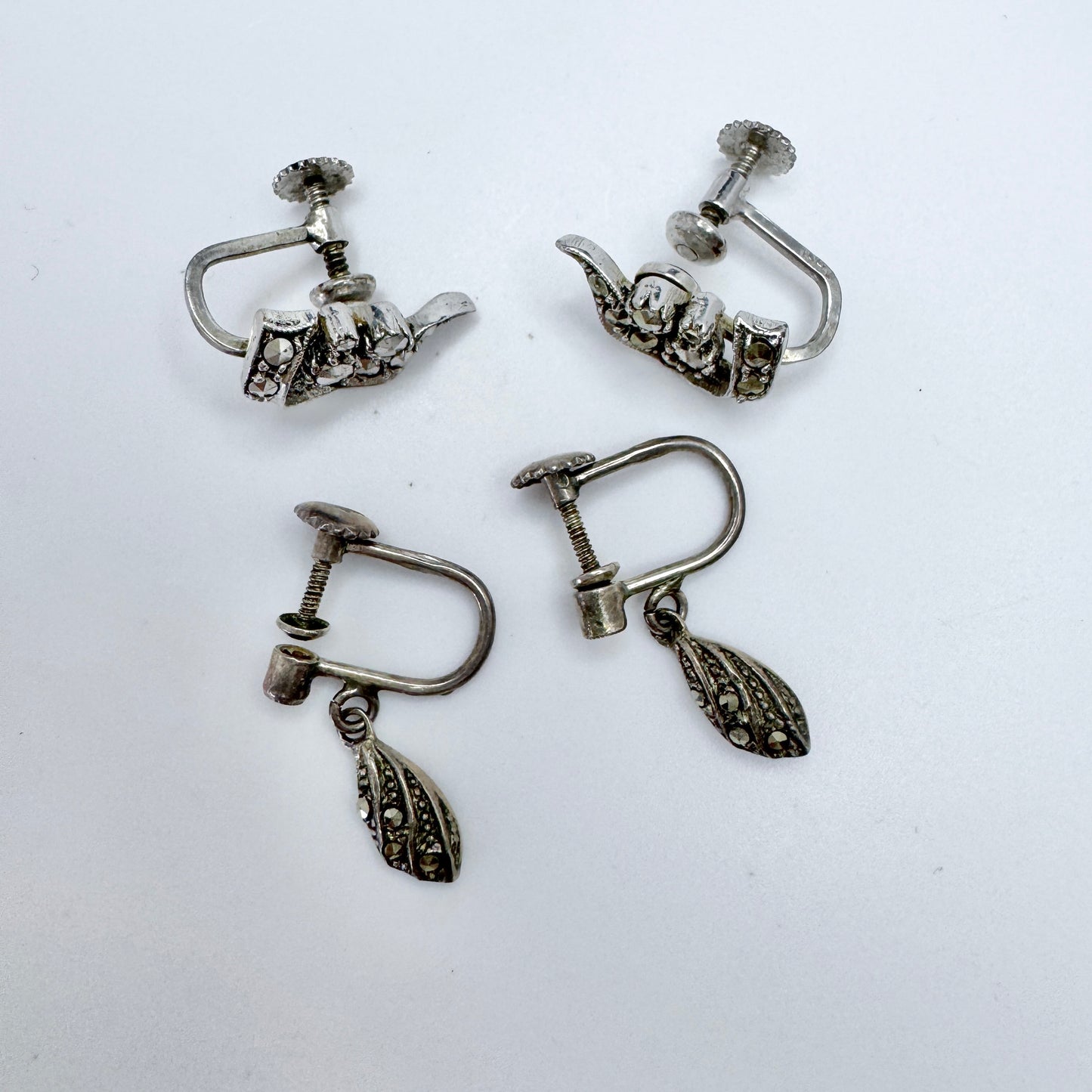 Sweden 1940s. Two Pair of Solid Silver Marcasite Earrings.