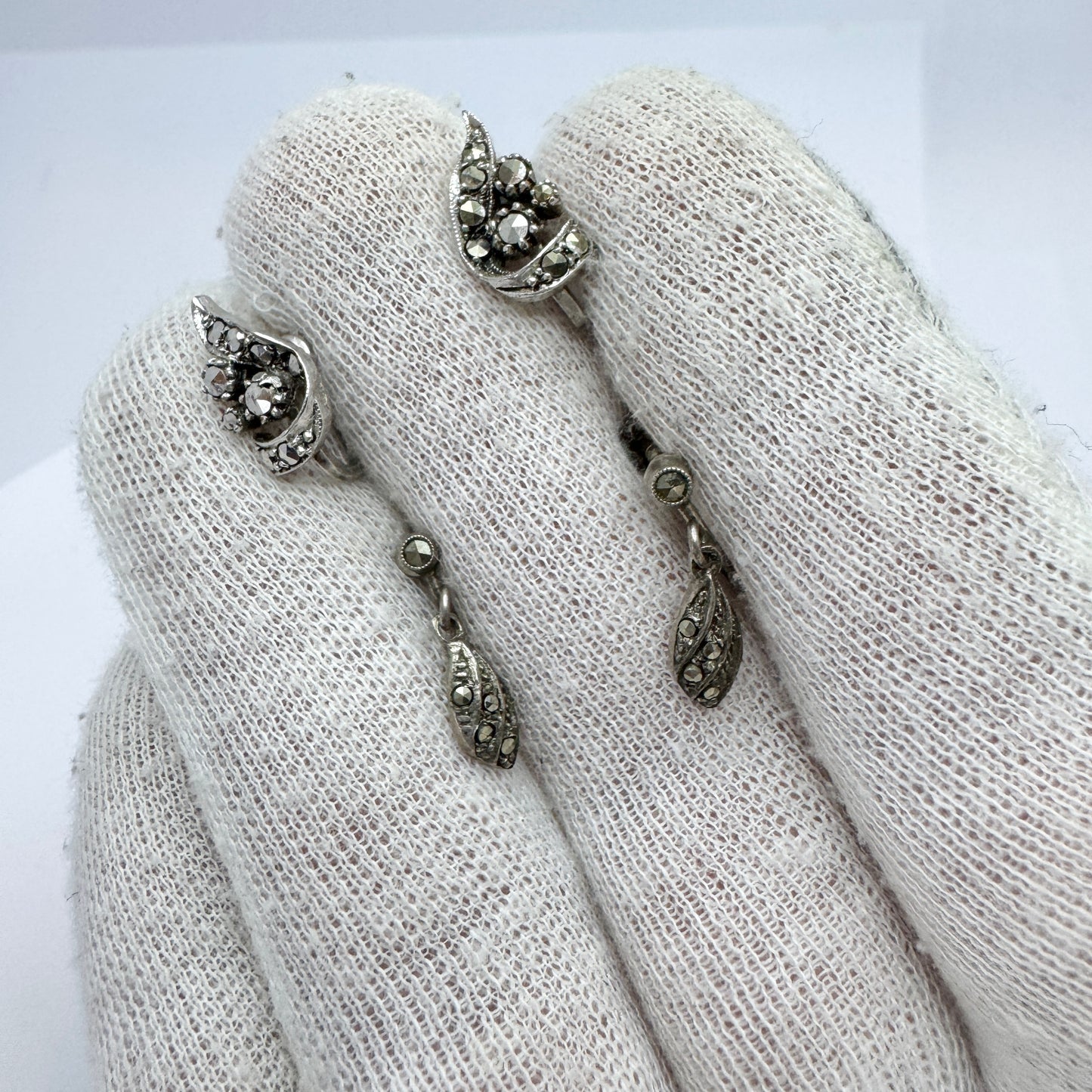 Sweden 1940s. Two Pair of Solid Silver Marcasite Earrings.