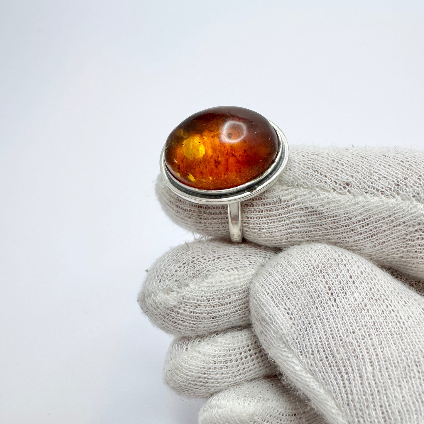 CGH Sørensen, Denmark ca 1970. Vintage Sterling Silver Amber Ring.