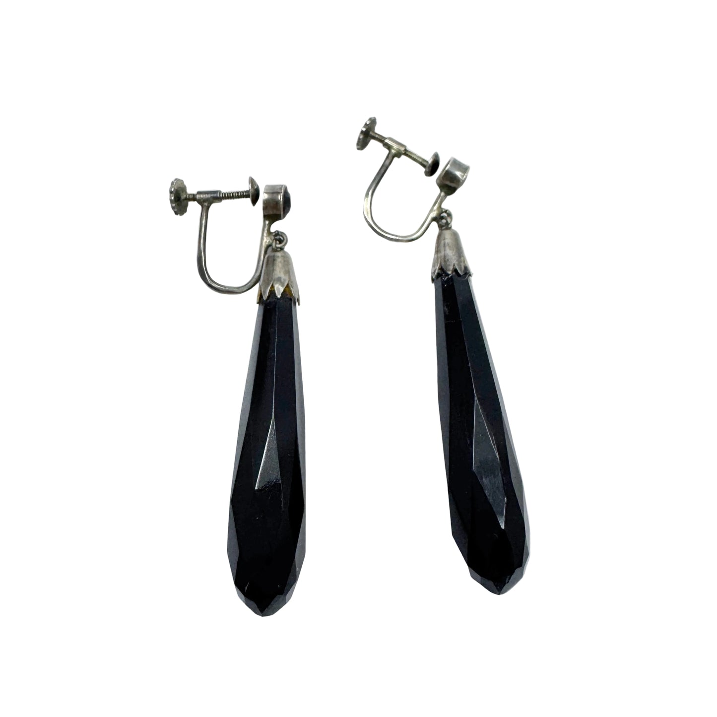 Vintage c 1930s Solid Silver Onyx Dangle Earrings.